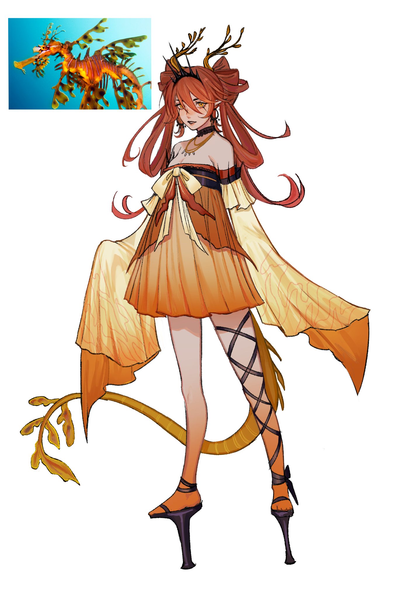 this is a digital illustration of a beautiful anime girl with a seahorse tail. she is wearing a yellow and orange dress and high heels. she has red hair, and her hair is tied back with a black ribbon. the girl has gold jewelry, earrings, and a necklace. the background is white. the drawing is made in a very cartoonish style. it is a very cute and charming artwork.