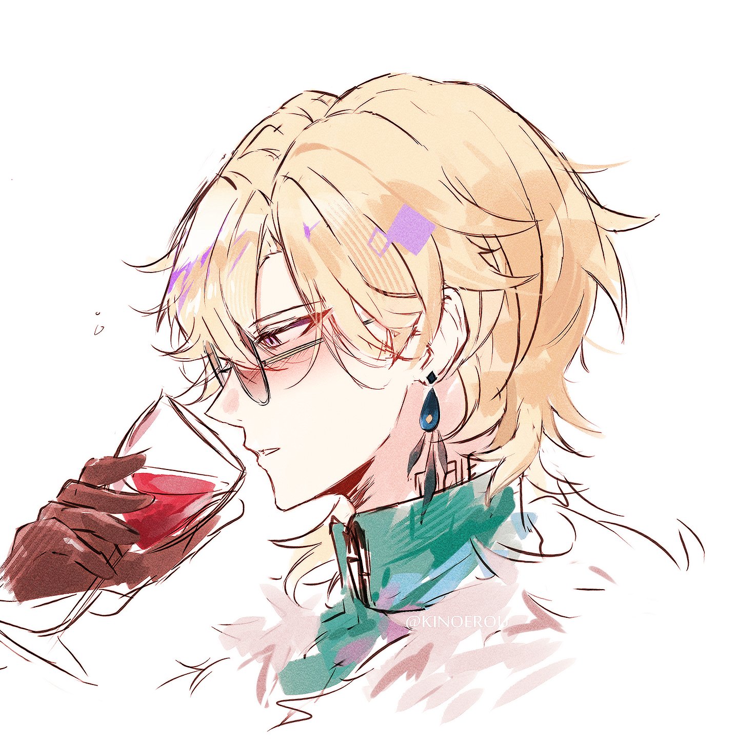 the image is a digital sketch or fanart of an animestyle young man. he has long, blonde hair, glasses, and is wearing a tealcolored collared shirt or jacket.  he's holding a glass of red wine, and has a subtle, elegant earring.  the art style is loose and painterly, with soft lines and color blending. the overall mood is sophisticated and slightly mysterious. the background is mostly white, keeping the focus on the character.