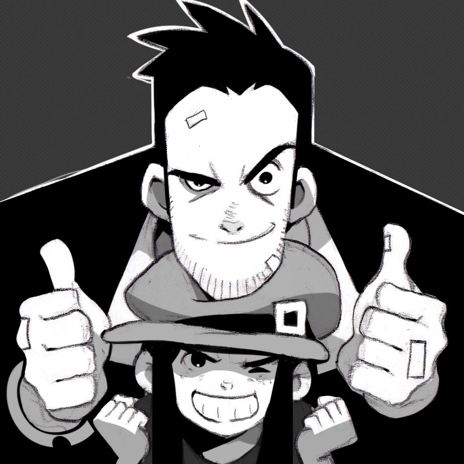 a black and white illustration of a man and a young girl, likely father and daughter, giving a thumbs up with cheerful expressions. the man, with a scar over his eye and stubble, stands behind the girl, who wears a cap. the highcontrast lighting emphasizes their positive emotions and creates a dramatic effect.