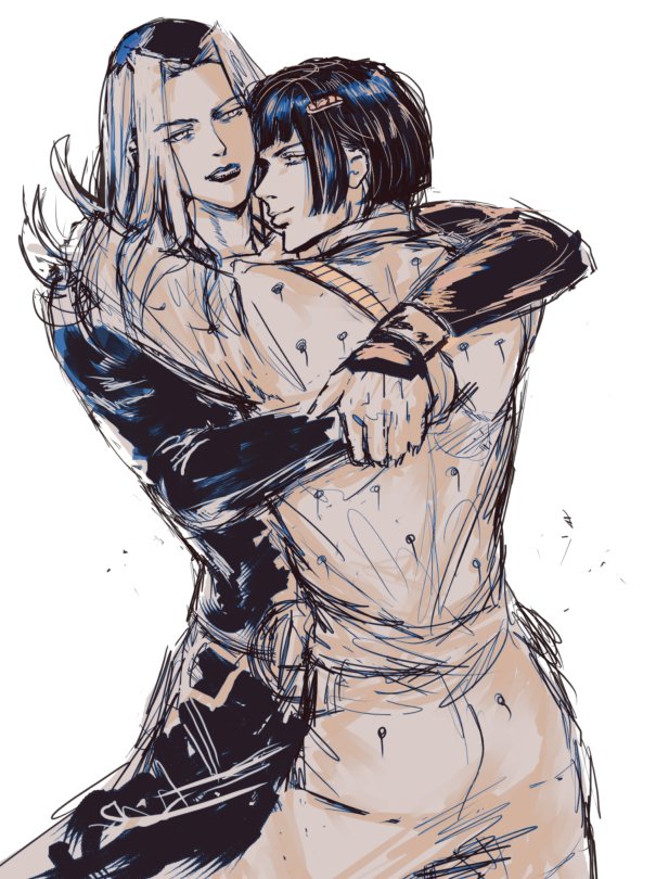the image is a black and white sketch of an anime couple hugging each other. the woman is on the left side of the image, with her long hair flowing down her back. the man is on the right, with his arms wrapped around her. the two are looking at each other with a loving expression. the background is plain white. the image is drawn in a simple but expressive style. the couple seems happy and at peace with each other.