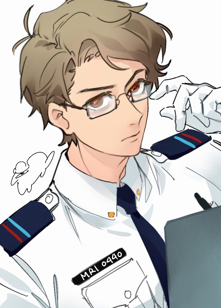 this is a digital art illustration of a male anime character wearing a white uniform with a black tie. he is wearing glasses and has his hand on the side of his face, which is slightly tilted upwards. he is looking intently at something off camera, perhaps a clipboard, which is partially visible. the image is stylized with a soft and delicate look. the background is white, which highlights the character and their uniform.