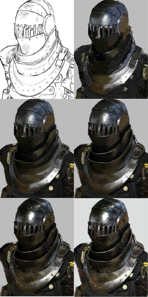 this image showcases a stepbystep digital art process of creating a knight's bust. the illustration starts with a sketch, gradually adding shading, color, and details like metallic reflections on the armor.  the focus is on the head and upper torso, highlighting the intricate design of the helmet and breastplate.  the final result is a realistic and detailed depiction of a fantasy knight.