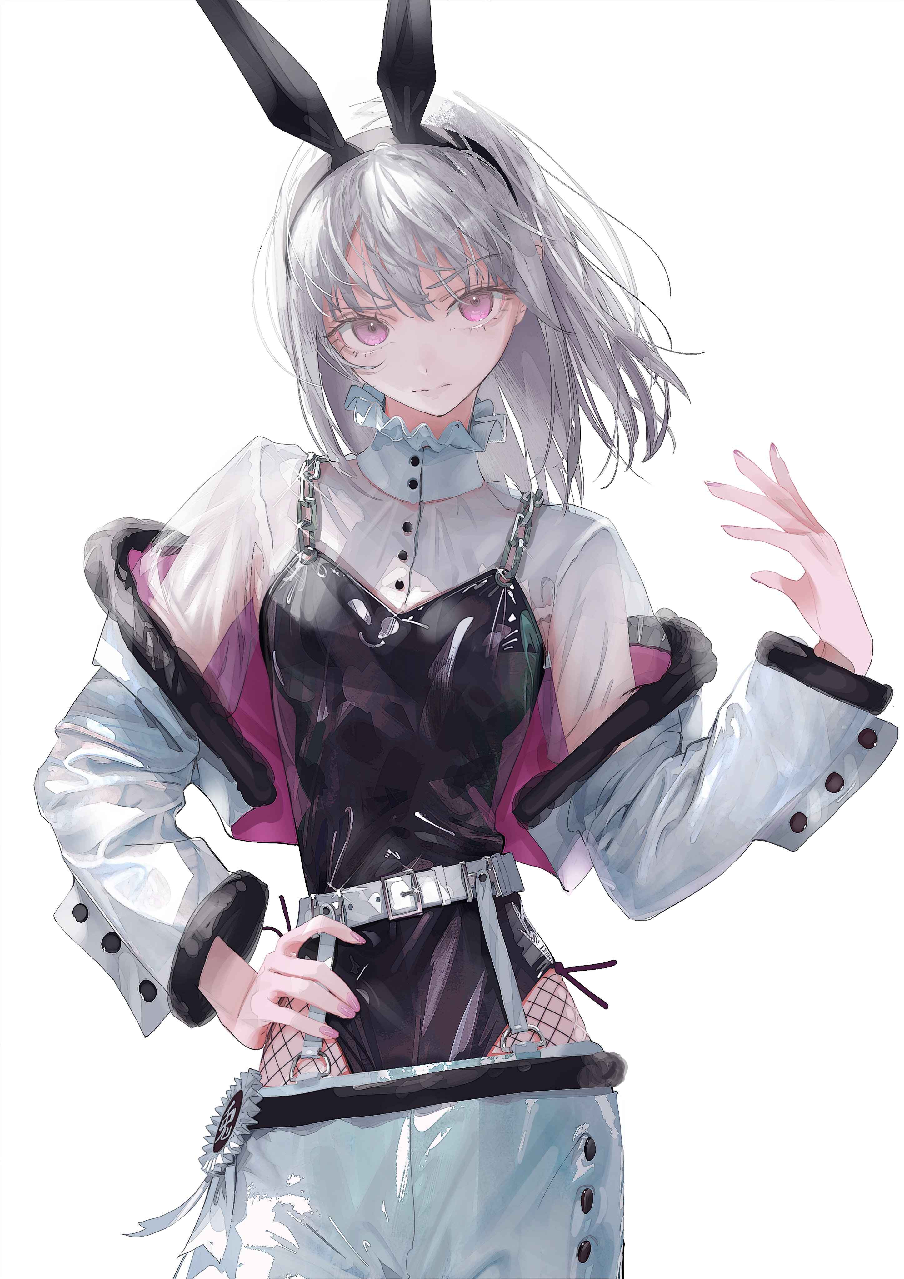 the illustration depicts a young woman in a stylish anime outfit with a white jacket with black fur, a black leather bodysuit, a silver belt, and a silver chain going down her back. her hair is white and her eyes are pink. she has a cute bunny ear headband. the drawing is vibrant and welllit, with the woman standing on a white background. she has a happy and cheerful expression. her pose is stylish and confident.