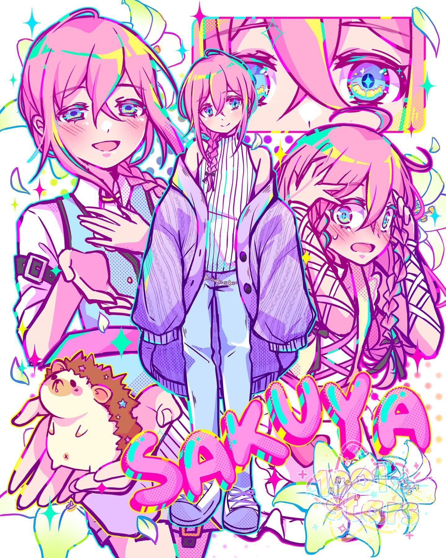 the image is a vibrant and playful illustration or fanart featuring a character named sakuyu.  it's done in a style that blends anime and chibi aesthetics, with brightly colored pastel shades dominating the piece.  the central figure is a girl with long pink hair styled in braids, wearing casual clothes that consist of a pastel colored oversized sweater and light blue jeans. several smaller depictions of sakuyu with different expressions are interspersed around her, creating a dynamic composition. there's also a cute hedgehog held by one of the character's depictions, adding to the overall lighthearted feel.  the background features stylized flowers, enhancing the pastel color scheme.  the name "sakuyu" is prominently displayed in a stylized font matching the overall aesthetic.  the overall impression is one of sweetness, energy and youthful exuberance.