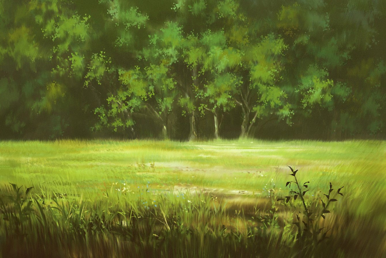 the image is a digital painting depicting a serene landscape. a lush green field stretches across the foreground, with tall grass swaying gently.  in the middle ground, there's a subtle suggestion of a dirt path or clearing. the background is dominated by a dark, dense forest of lush green deciduous trees. the overall mood is peaceful and tranquil, evoking a feeling of quietude and natural beauty. the style is painterly, with soft brushstrokes creating a hazy, atmospheric effect. the colors are predominantly shades of green, creating a harmonious and calming palette.