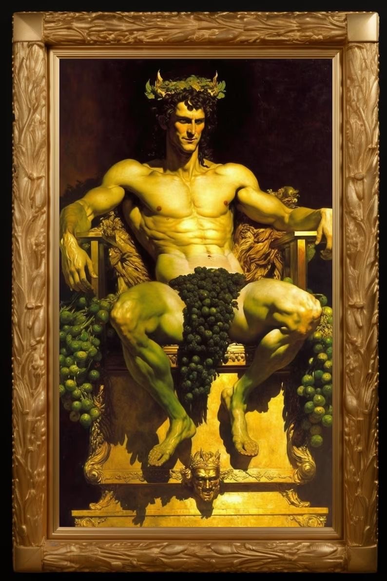 the painting depicts a muscular man with olive skin sitting on a golden throne adorned with grapes. he has a crown of leaves on his head and is surrounded by grapes. the background is dark, and the lighting is dramatic, highlighting the man's physique and the grapes.