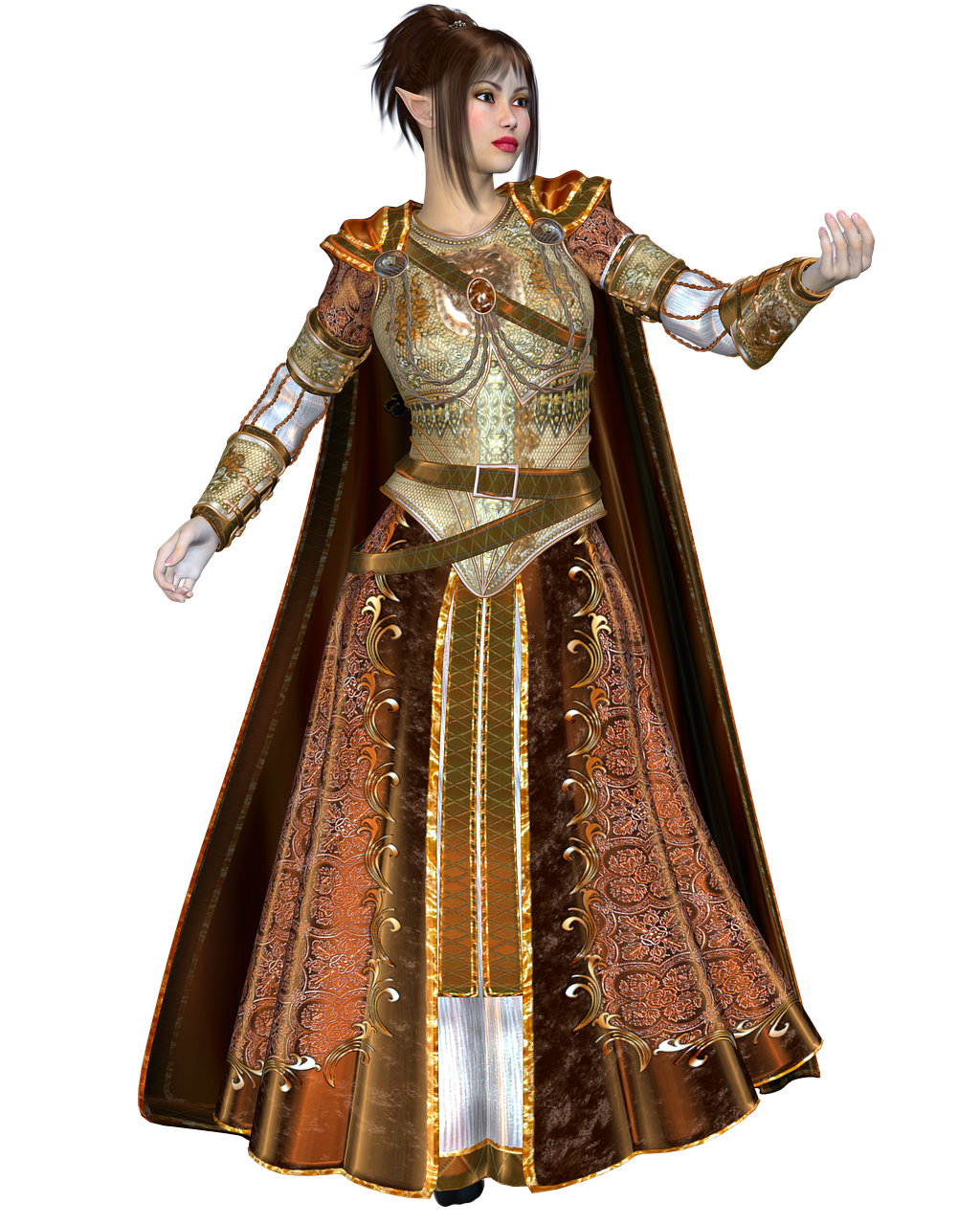 a digital illustration of a fantasy elf woman standing in a gown with armor, a cloak, and a black background. the elf has pointed ears and brown hair. she wears a goldcolored breastplate, a brown skirt with gold trim, and a brown cloak. she stands with her arms outstretched.