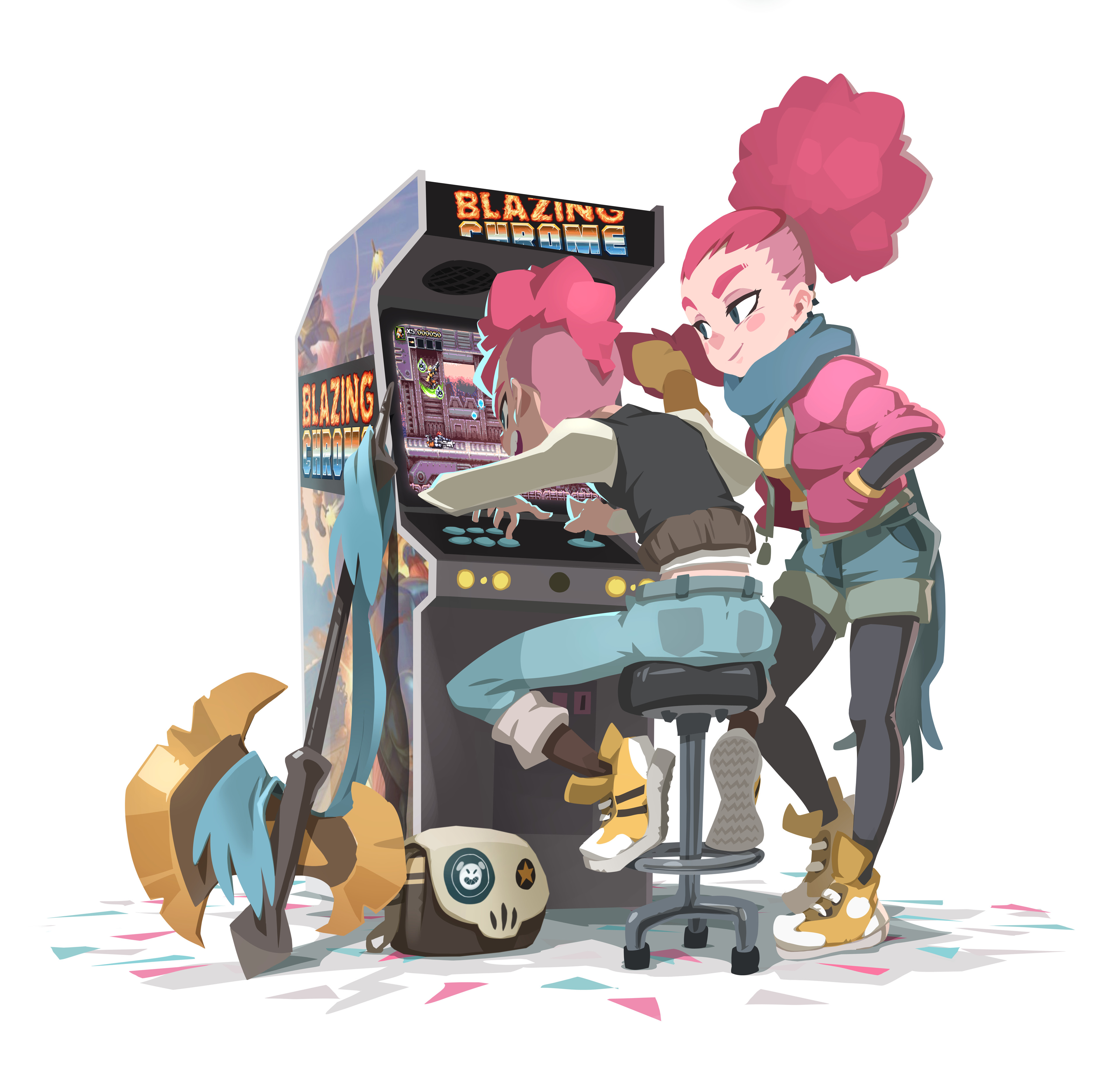 the illustration depicts two young girls, animated in a cartoon style, playing an arcade game called "blazing chrome." the game is a retro style pixelated video game with a bright and colorful display. the girl on the left is sitting on a stool, focused on the game, her hands on the joystick and buttons, her eyes intently on the screen. the girl on the right, standing, watches with a smile, excited and happy for her friend. the background is a simple white space, highlighting the characters and the arcade game as the central focus. the overall vibe is fun and playful, capturing the excitement of playing video games with friends.