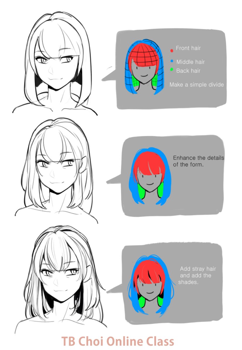 this image is a stepbystep tutorial on how to draw and color animestyle hair.  the tutorial shows the process of creating a bob haircut, starting with a simple base shape and progressing through adding volume, details, and shading.  each step is accompanied by a colored example and instructions, making it easy to follow. the tutorial is labeled as a "tb choi online class," indicating it's part of a larger online art course.