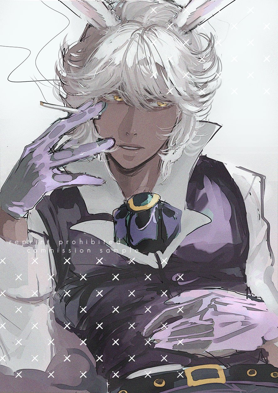a man with white hair, wearing a suit and  bunny ears, holds a cigarette in his hand.  he is looking at the viewer with golden eyes and a small,  dark smirk on his face.  the background is a white and grey with a light smoke effect coming from the cigarette.