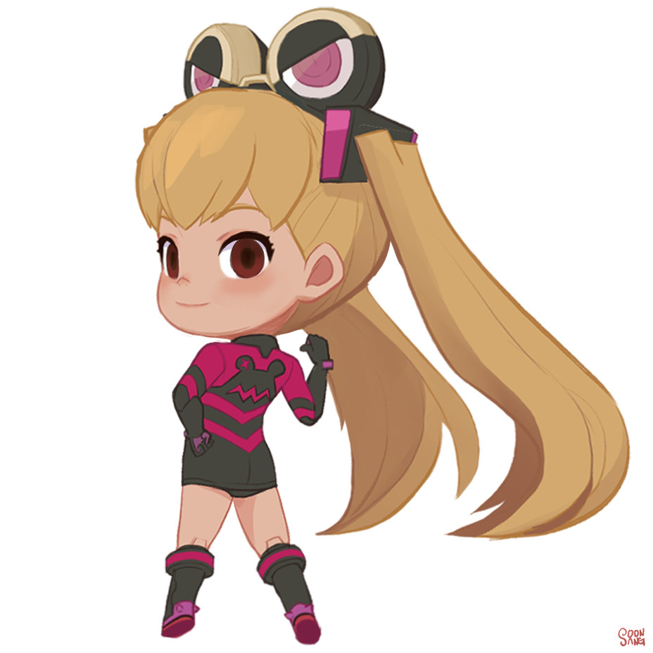 a chibistyle illustration of a blonde female character with twintails, wearing a futuristic outfit that features a black and pink color scheme, goggles on her head, and gloves and boots. the background is plain white.