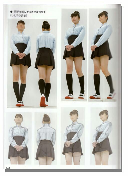 the image is a drawing tutorial on how to draw a female character in a school uniform. it shows different poses and angles of the girl with line drawings of the body and then full illustrations of the girl in the uniform. there are four drawings in total, one for each angle. the drawings are done in a manga/anime style.