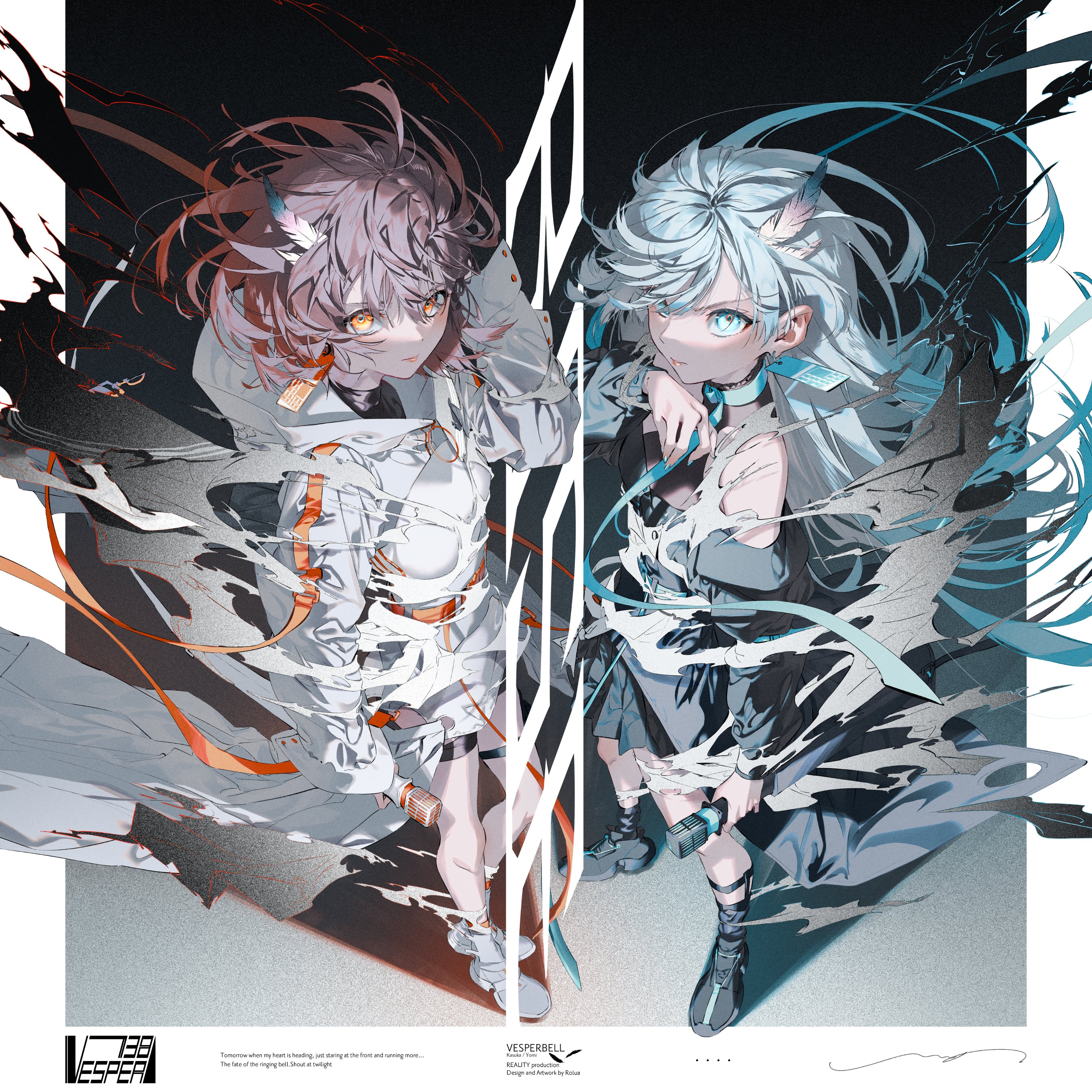 this is a digital art illustration of two anime girls. the girl on the left is wearing white clothing with orange accents, while the girl on the right is wearing dark blue clothing with white accents. both are holding weapons and are in a fighting stance. they appear to be fighting in a futuristic city setting. the background is a dark grey color, and the lighting is bright and neonlike. there are many lights and neon signs in the background. the image is a great example of digital art and anime style.