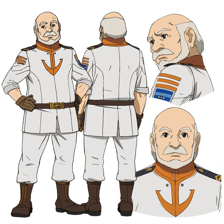 the image features a character from an anime. this is an old man with white hair and a beard, wearing a white uniform with an orange collar. he is wearing gloves and boots and looks like a military officer. he is depicted from three different angles, looking straight, from the back, and from the side of the head.