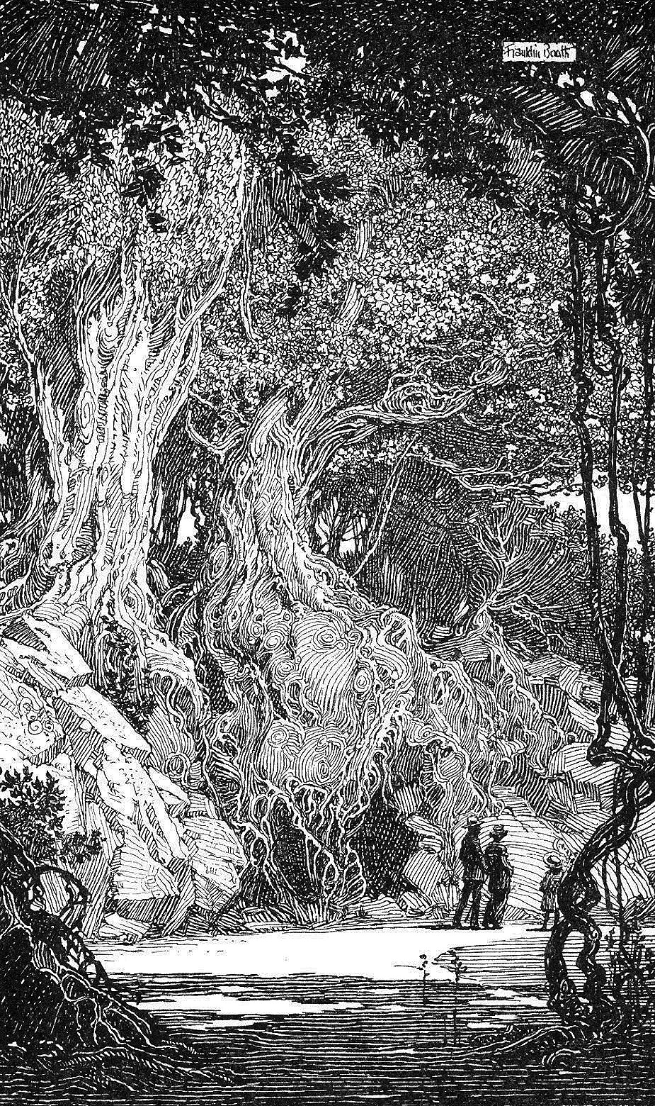 a black and white illustration, likely an engraving, depicts a scene in nature. two figures stand on the bank of a river, overshadowed by an enormous tree.  its complex root system is exposed, sprawling over rocks and down to the water.  the forest is dense, suggested by the detailed linework that creates depth and texture.