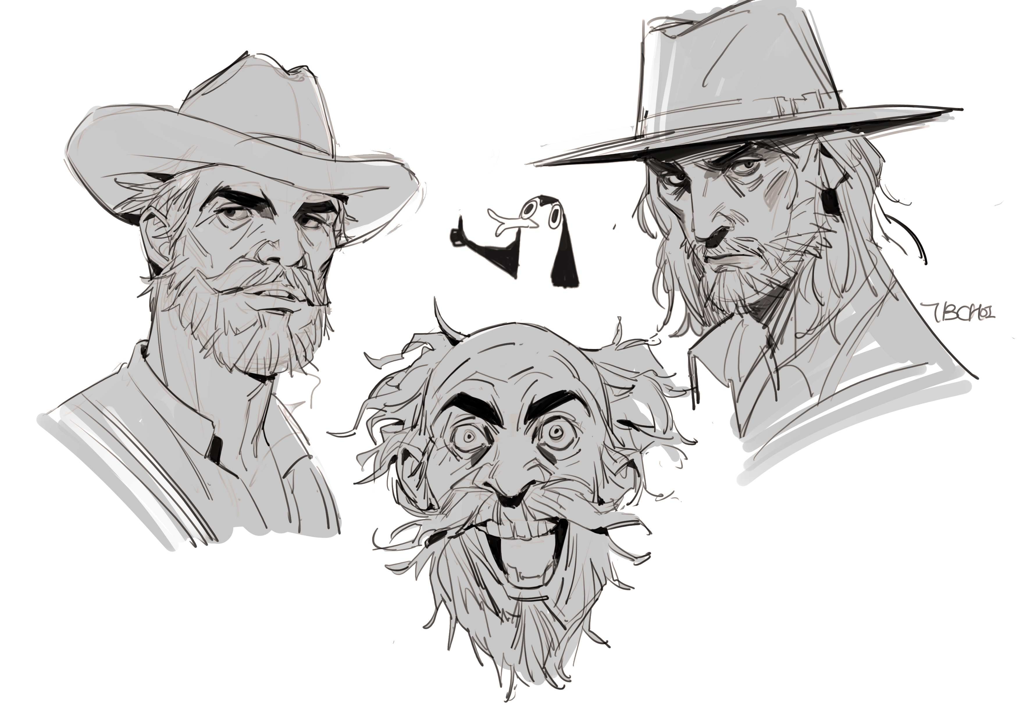 he image shows a collection of character sketches, primarily focusing on the heads and shoulders of three men.  the style is loose and expressive, with quick, gestural lines defining features.  two of the men appear to be older cowboys, wearing hats, with substantial beards and weathered faces. the third character has a more exaggerated and comical facial expression. a small, cartoonish penguin is also included in the sketch. the overall style is reminiscent of concept art or quick character studies. the sketches are done in grayscale, suggesting a sense of unfinished work or quick study.
