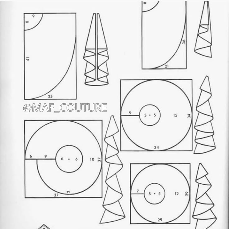this image contains sewing patterns with measurements. it shows different shapes like rectangles, circles, and triangles, along with dimensions marked in numbers. the arrangements suggest how to cut and assemble pieces for a sewing project.