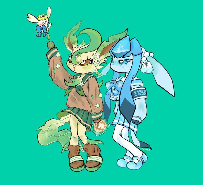 the image is a digital drawing featuring two anthropomorphic characters, seemingly inspired by pokémon leafeon and glaceon.  both characters are depicted in a chibi style with oversized heads and large eyes. they are wearing pastelcolored school uniforms; the leafeonlike character wears a green and brown uniform, while the glaceonlike character wears a blue and white one.  the leafeon character holds a small, flowerlike creature. the art style is cute and kawaii, with soft lines and pastel colors dominating the palette. the background is a solid teal green. the overall impression is lighthearted and playful.