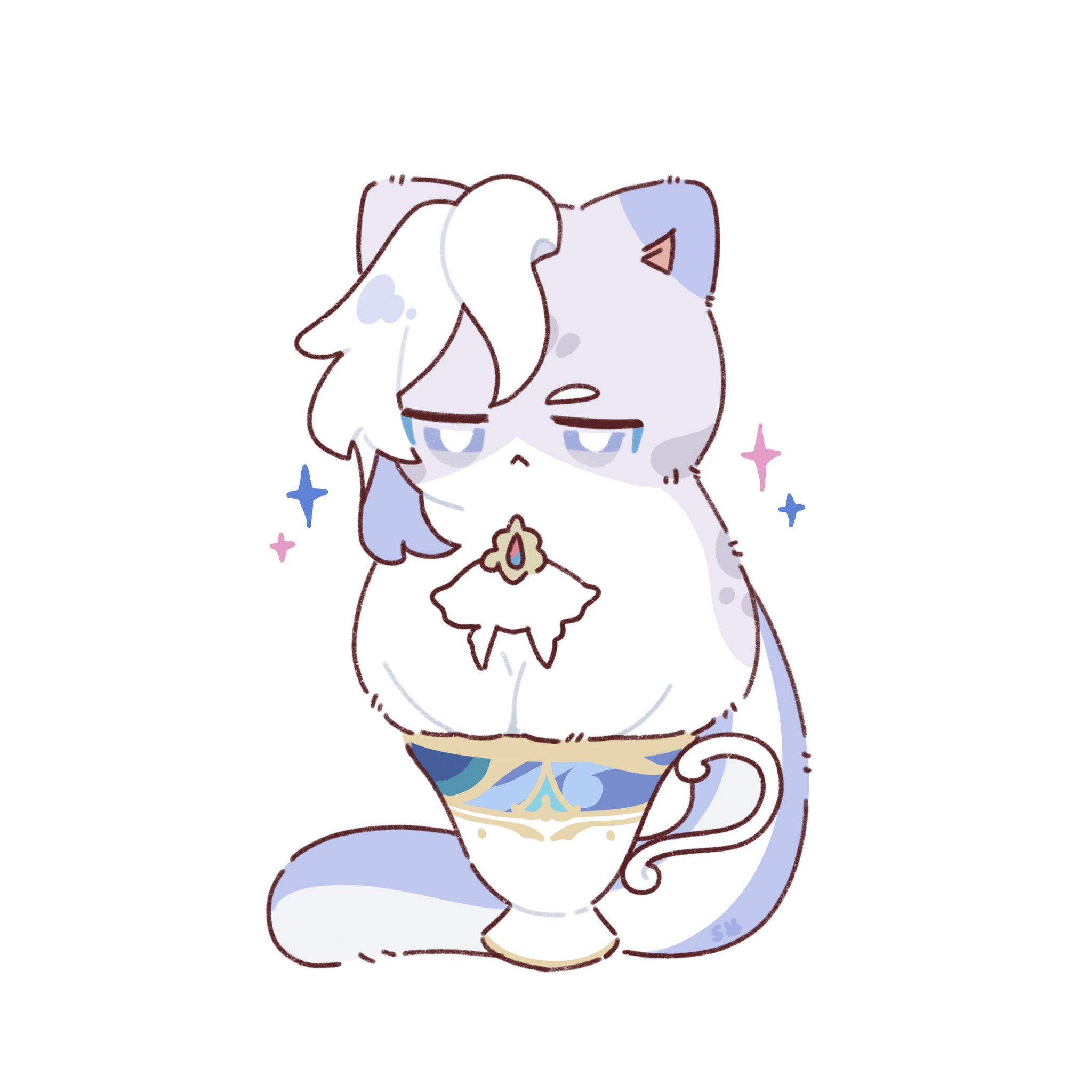 the image is a whimsical digital drawing of a cute, chibistyle cat. the cat is predominantly light purple and white, with fluffy fur and large, expressive eyes. it has a somewhat grumpy or unimpressed expression. the cat is sitting inside a decorative teacup, which is light blue and gold.  the cat holds a small, ornate object in its paws. the background is plain white, and small sparkles are placed around the cat, adding to the magical and adorable feel of the illustration.  the style is reminiscent of anime or manga character design, characterized by its large head, small body, and exaggerated features.