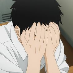 a closeup illustration of a young man with short black hair, wearing a white shirt. he's covering his face with both hands, suggesting feelings of distress, shame, or sadness. the background hints at an indoor setting, possibly a school classroom, with a glimpse of a wall and vertical lines that could be lockers.  the overall tone of the image is somber and emotional.