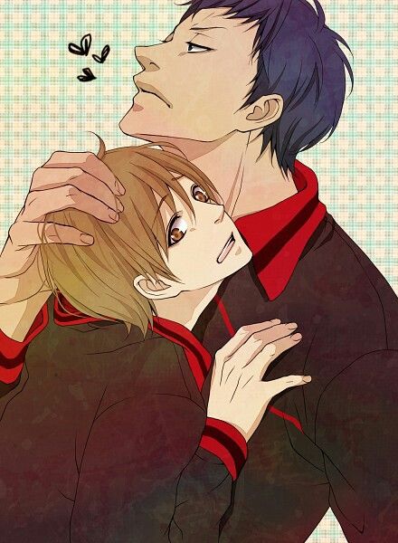 the image is a digital drawing or fanart in the style of anime or manga. it depicts two young men intimately embraced.  one, with short dark blue hair, has his arm around the other, whose hair is light brown.  the shorter man rests his head against the other's shoulder and neck. they are both wearing dark clothing with red accents. the background is a pale teal with a subtle checkered pattern, and there are small heart doodles above the couple's heads.  the overall mood is romantic and passionate. the art style is soft, with smooth lines and shading.