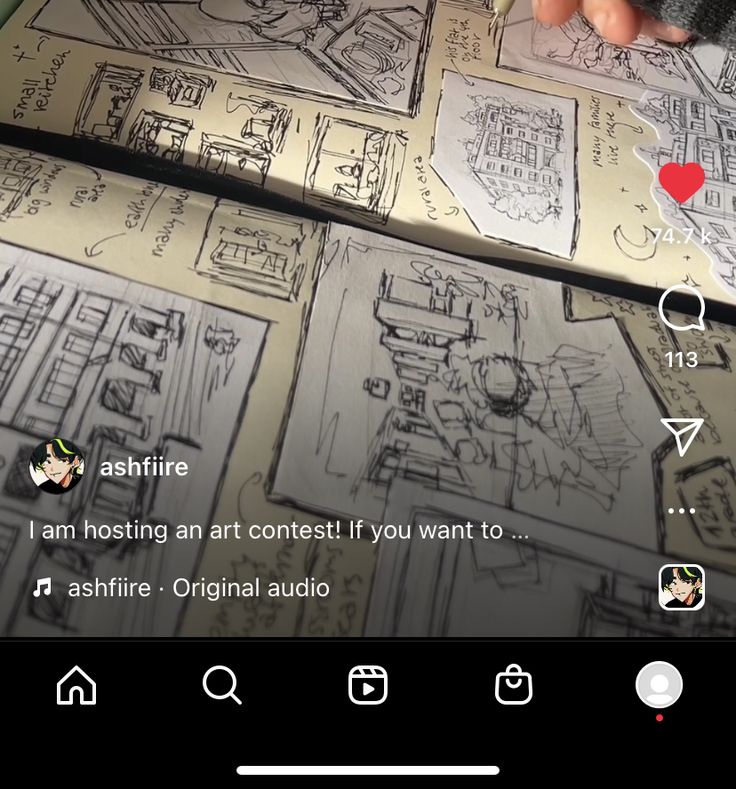 the image is a screenshot from a tiktok video.  the video's creator, ashfiire, announces an art contest. the main focus is a closeup shot of a sketchbook filled with numerous pencil sketches of buildings and cityscapes, likely architectural designs.  the sketches are detailed and show varying levels of completion.  the hand of the artist is partially visible in the top right corner, holding a pen or pencil.  the tiktok interface is visible at the bottom, showing likes (74.7k), comments (113), and other typical social media controls. the video includes an original audio track by ashfiire.  the overall style is casual and informal, conveying the artist's creative process.