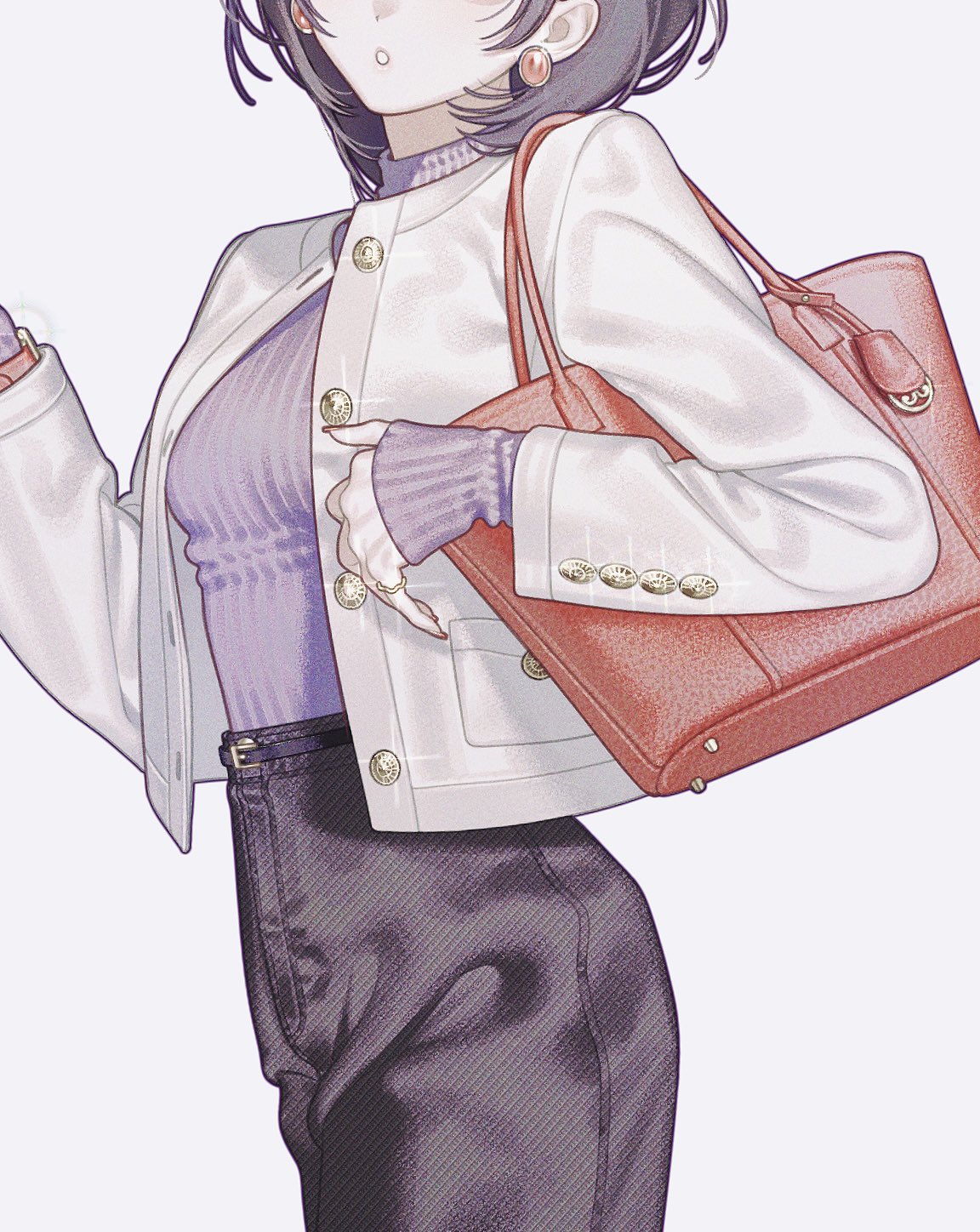 he image is a closeup illustration of an animestyle girl. she has short dark hair, wears a white jacket over a purple sweater and dark pants.  she's carrying a coralcolored tote bag with gold details. the style is detailed and realistic, highlighting the textures of the clothing and accessories. the overall impression is one of elegance and sophistication.
