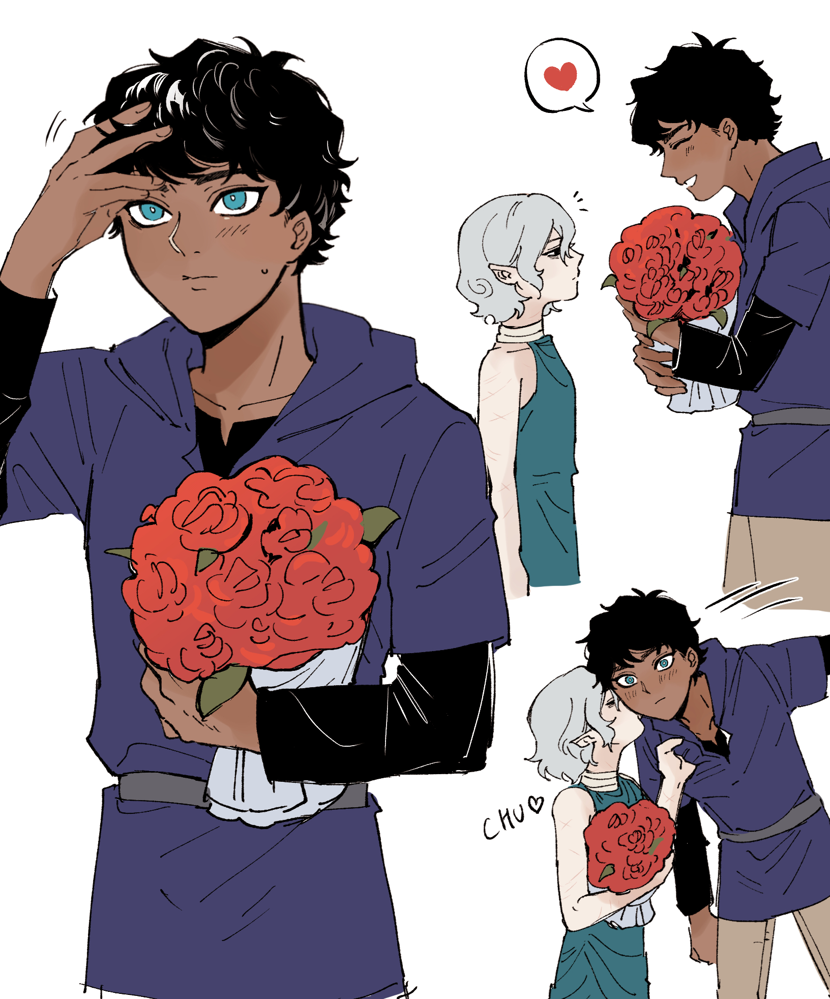 the image is a collection of animestyle illustrations depicting various romantic interactions between two characters. the main focus is on a darkhaired boy with brown skin who is holding a large bouquet of red roses. he appears shy or surprised, touching his hair.  there are smaller panels showing the same boy with a lighthaired girl; one panel depicts the boy giving the girl the roses and another shows them kissing. a third panel shows a different rendition of the same boy giving roses to the same girl.  the art style is soft and slightly chibilike, with simplified features and a focus on emotional expression.  the overall mood is sweet and romantic.