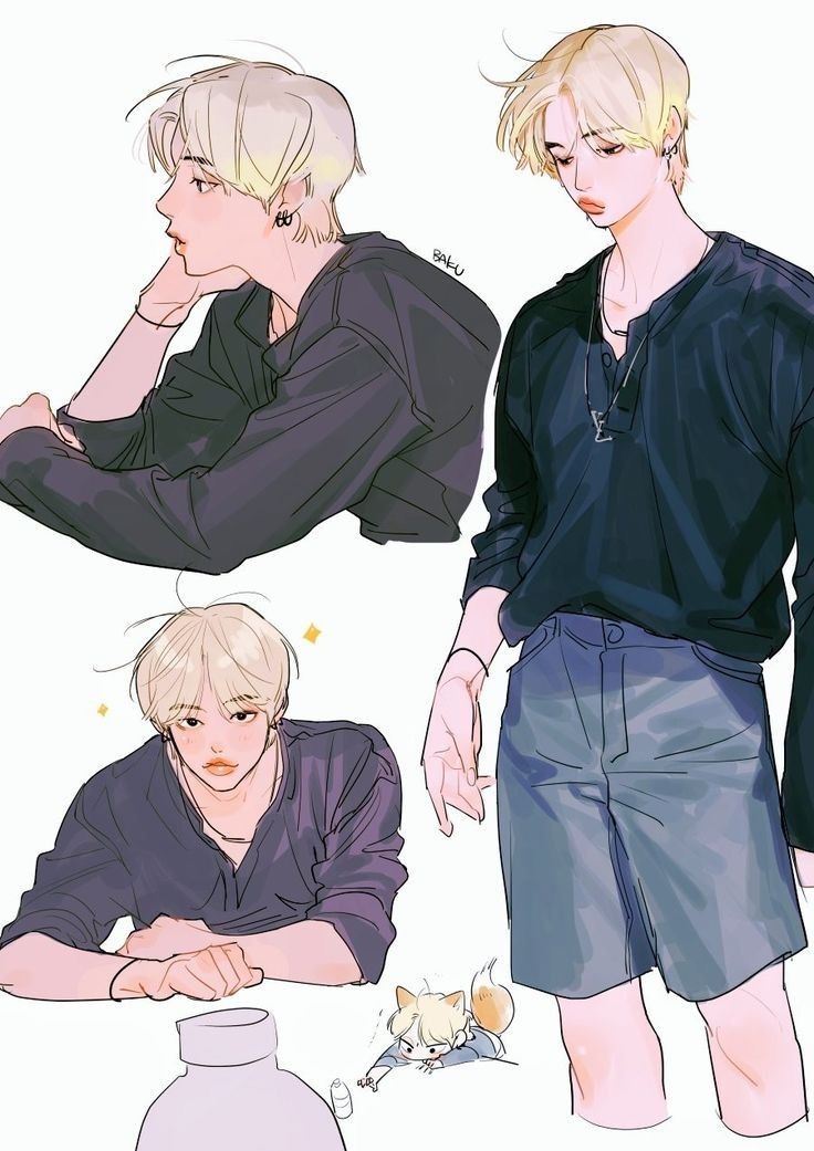 the image is a digital illustration of a young man, drawn in an animeinspired style.  there are four sketches of the same character. the character has blonde hair and is wearing a loosefitting, darkcolored shirt.  the style is soft, with muted colors and a focus on line work. one of the sketches features a small chibistyle version of the character interacting with a bottle.