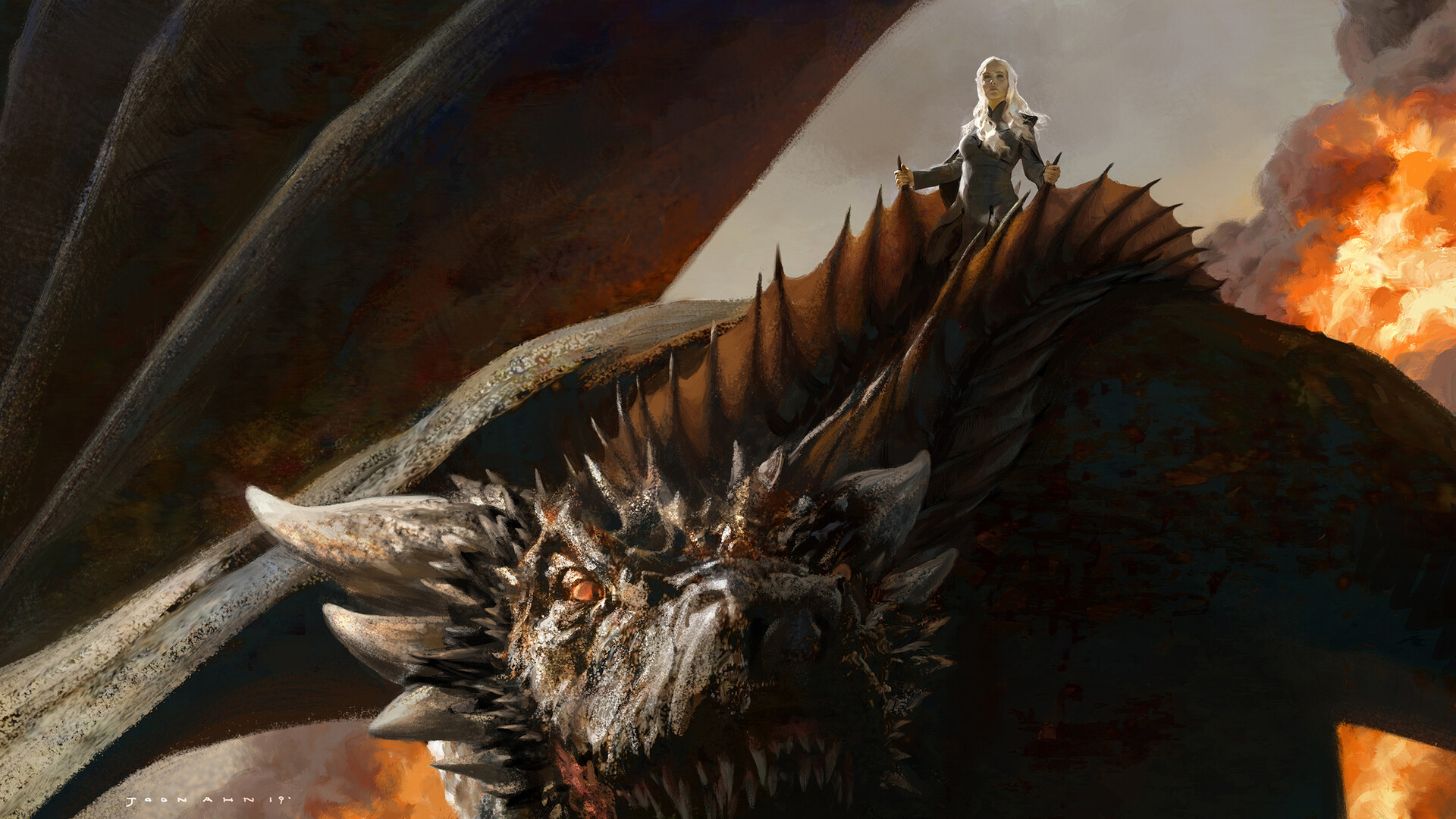 daenerys targaryen, with whiteblonde hair, is perched atop her fierce black dragon, drogon, as they soar through a fiery battlefield. smoke billows in the background, while drogon's intense orange eyes stare straight ahead, teeth bared. the image is captured from a low angle, emphasizing the size and power of the dragon.