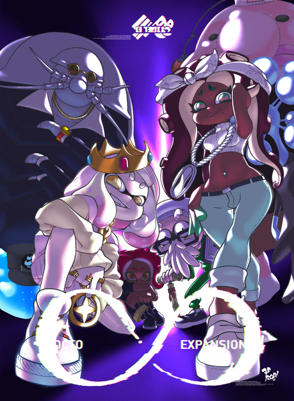 this illustration depicts a group of colorful, anthropomorphic characters from the video game splatoon, including the inklings marie and pearl, a squid and an octopus respectively, the squid sisters. they are all wearing stylish outfits and have weapons in their hands.  the characters are depicted in a dynamic and energetic pose as if they are midfight. the background is a vibrant purple with blue highlights and the characters' inklike forms are highlighted in contrasting colors. the image is visually appealing and captures the essence of the splatoon game. the characters' expressions, poses, and weapons all contribute to the overall sense of action and excitement. the illustration is a testament to the creative talents of the splatoon developers and artists.