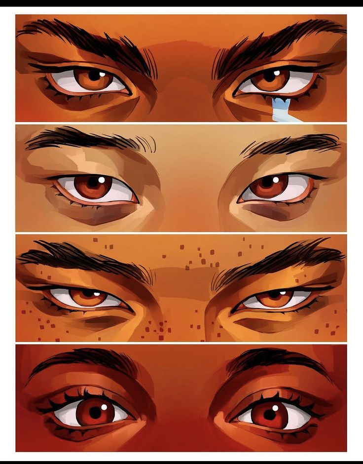 the image showcases a closeup illustration of four pairs of expressive eyes, each set belonging to a different individual. the artistic style is reminiscent of comic books or graphic novels, featuring vibrant, almost fiery orange and red hues dominating the color palette. the eyes are rendered with meticulous detail, capturing the intensity of the gazes.  the expressions range from anger and intensity in the top pair, to a slightly more somber and tearful expression in another, and others that convey a mix of emotions. the skin tones are dark and rich, the eyebrows thick and dark, further emphasizing the strong, emotive quality of the artwork. the overall effect is a visually striking and intense portrayal of human emotions.