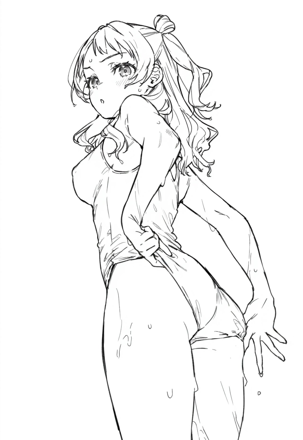 the image features a black and white line art drawing of a young animestyle girl. she is depicted from a low angle, facing slightly away from the viewer while turning her head back with a surprised or concerned expression. the girl is wearing a wet swimsuit. her hair is wavy and partly tied up in a small bun, with loose strands framing her face. there are droplets of water visible on her skin and clothing, suggesting she has just come out of the water. she is pulling at the bottom of her swimsuit with one hand, creating a sense of awkwardness or vulnerability. the style is detailed and gives a youthful impression of the character.