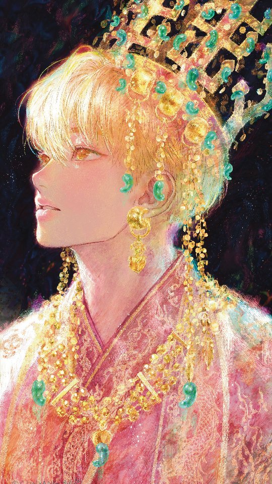 he image is a digital painting or illustration in a style reminiscent of anime or manga.  it depicts a young person, possibly androgynous, with long blond hair, wearing an elaborate gold crown adorned with jadelike green stones and a richly decorated pink and gold robe or kimono. the person is wearing numerous gold necklaces and earrings, also featuring jade accents.  the artistic style is soft and ethereal, with a pastellike color palette and a dreamy, almost mystical atmosphere. the background is dark and indistinct, focusing attention on the figure. the overall impression is one of regal elegance and fantasy.