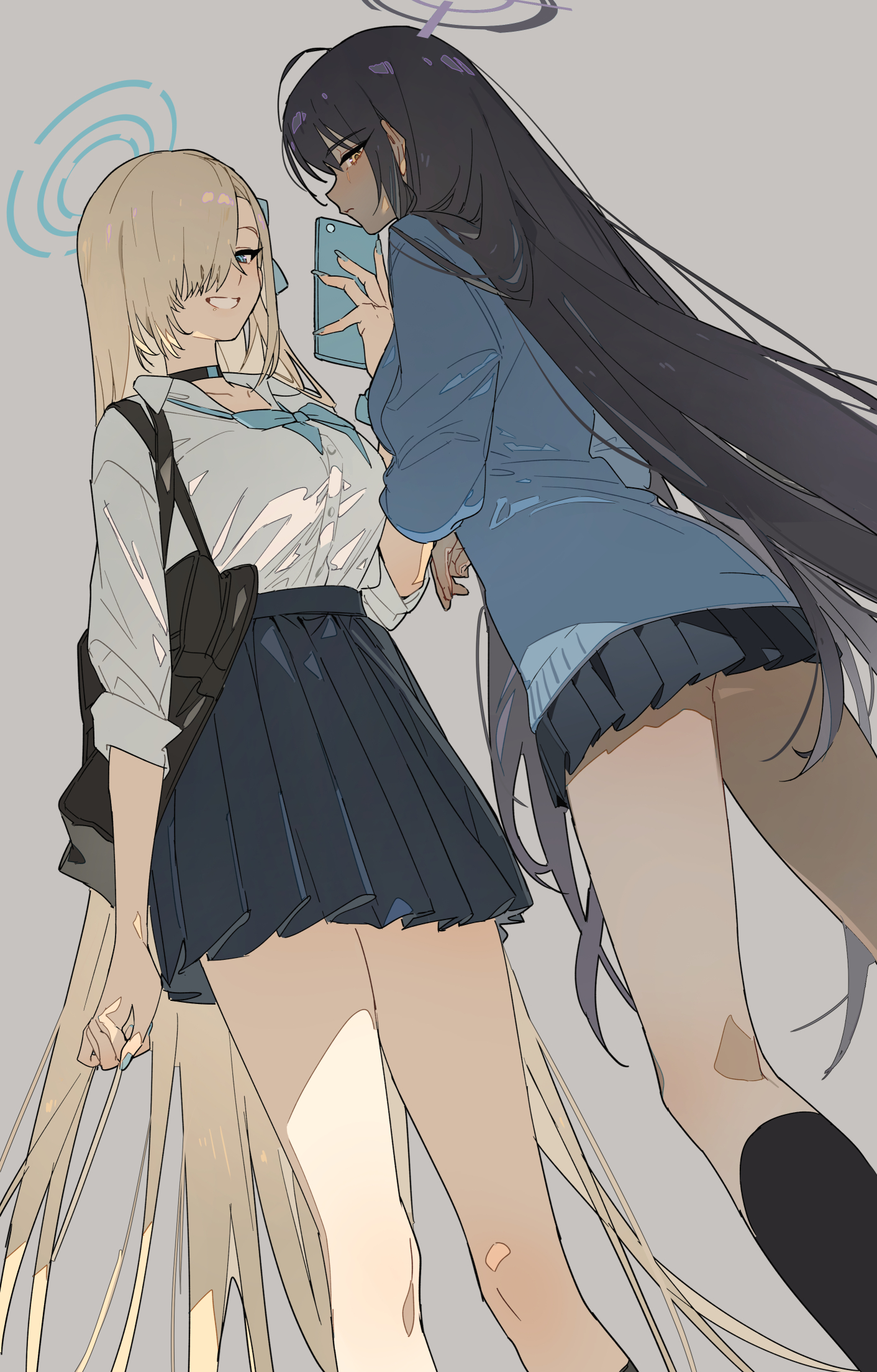 the image depicts two animestyle schoolgirls. one has long blonde hair and is wearing a white shirt and a dark blue pleated skirt. the other girl has long black hair and is wearing a light blue sweater and a dark blue pleated skirt. they appear to be taking a selfie together with a light blue smartphone. the style is reminiscent of manga and digital art, characterized by soft pastel colors and a light, airy feel. the background is a simple, neutral gray.  the overall mood is lighthearted and cute.