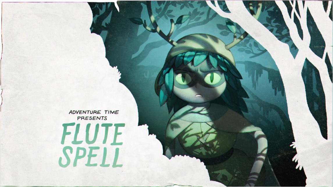 a title card for the adventure time episode "flute spell". the card features a greenskinned woman with antlers on her head, standing in a dark forest. the title of the episode is written in green letters on a white background. the overall color scheme is dark and mysterious, with shades of green and blue dominating the image.