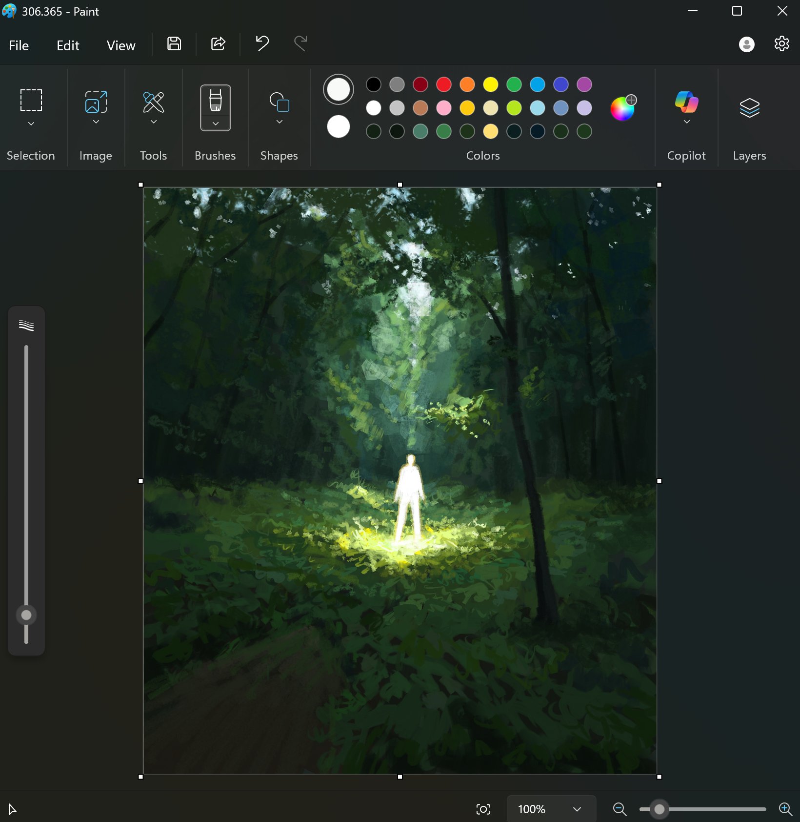 the image is a screenshot of ms paint software displaying a digital painting of a forest scene. a luminous figure stands in the middle of the forest, surrounded by trees and undergrowth. the figure emits a bright light that illuminates the surrounding area. the ms paint interface is visible, showing the various tools and options available in the software, including "copilot" and "layers" buttons.