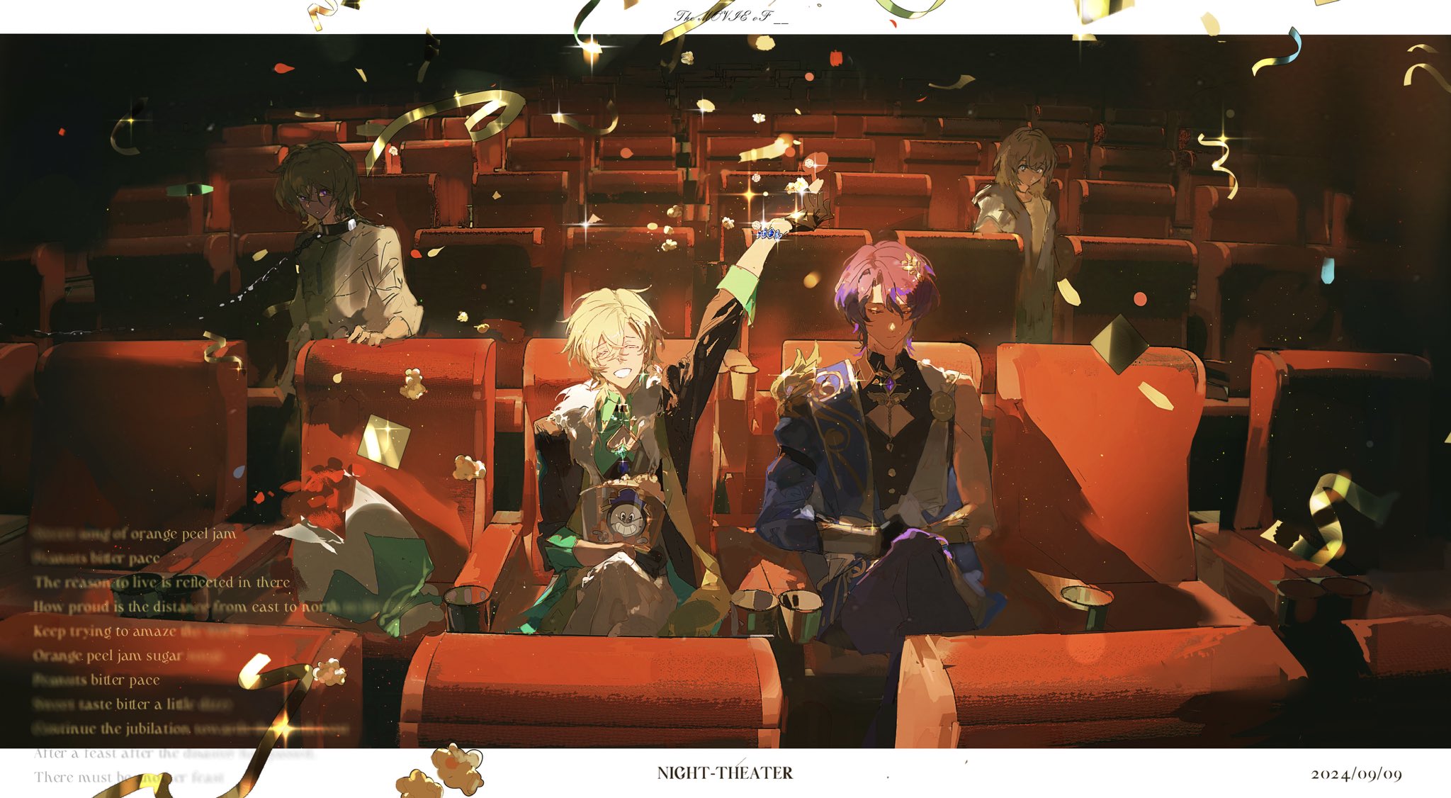 the image is an anime style digital fanart of four friends at a movie theater. it looks like two of them just got off stage after a performance and are holding what looks like a trophy or an award. they're being congratulated by their other two friends while confetti rains down on them. the friends look really happy and excited to be there. the background shows an empty movie theater with red seats. the lighting in the image gives it a very warm and happy vibe.