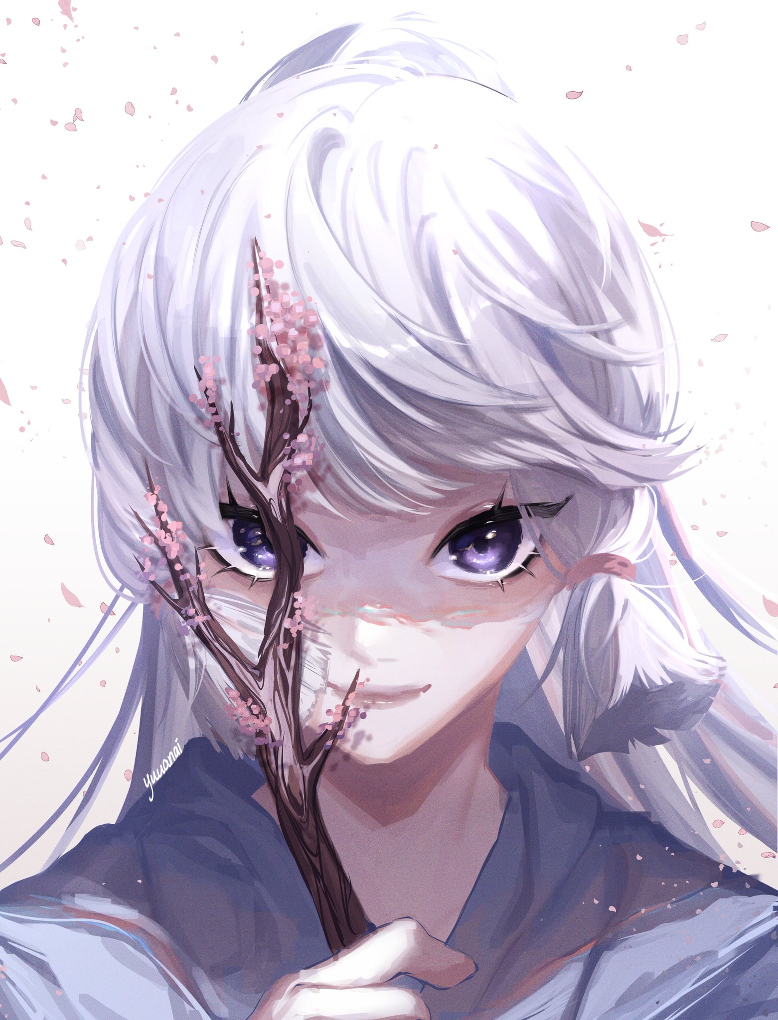 an anime girl with long white hair and purple eyes is smiling as she looks down at a branch with pink flowers.  the background is a light white color with pink flower petals floating around her.  she is wearing blue clothes.
