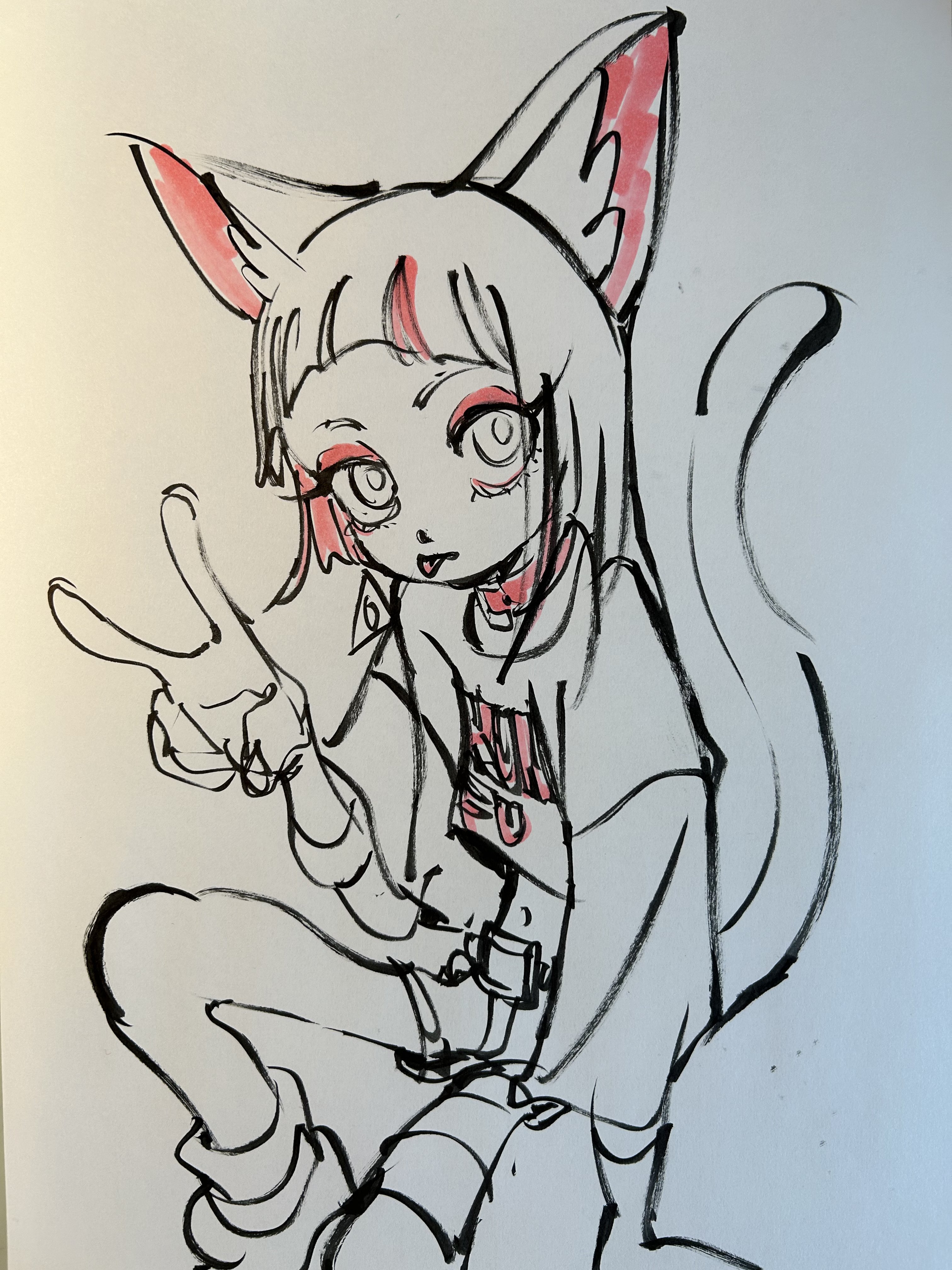 the image is a black and white sketch of a stylish cat girl. she is depicted from the thighs up, seated while flashing a peace sign. she has medium length hair with bangs and is wearing a choker, a graphic tee, an open jacket, and jeans. her outfit is accessorized with a belt. she has large cat ears drawn in a distinct style with red at the tips. the lines of the drawing are bold and dynamic.