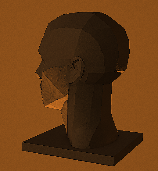 a 3d model of a sculpted head, rendered in a bronzelike material. the model is lit from the side, highlighting its geometric planes. the head is positioned on a simple plinth, against a neutral background.