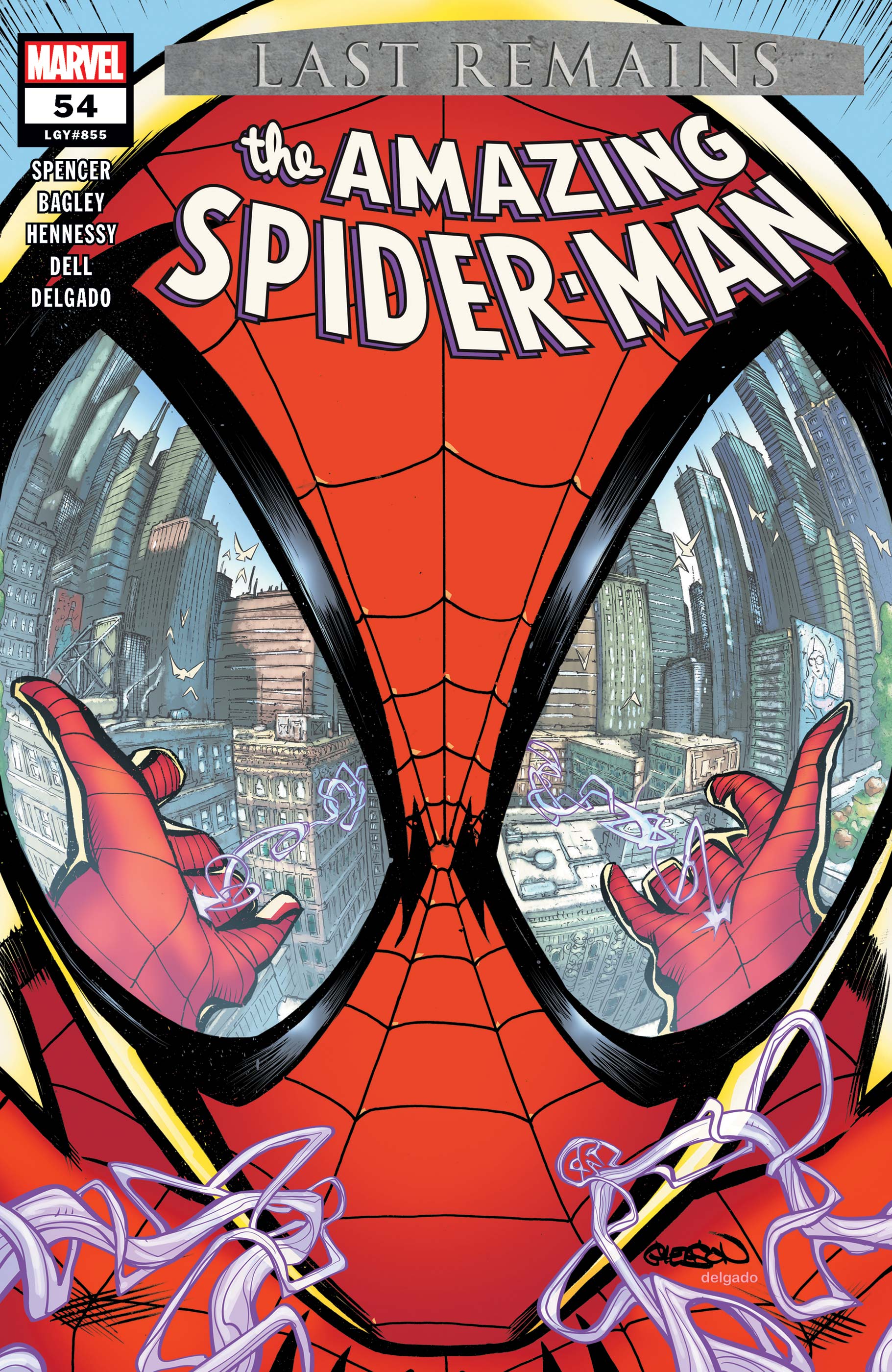 a comic book cover featuring a closeup of spiderman's mask. the city is reflected in his eyes. the title "the amazing spiderman" is written in large, bold letters at the top of the image, and the words "last remains" appear above it in a smaller font. the marvel comics logo is in the top left corner. the issue number, 54, is in a white box below the logo. the names of the creators are listed below the issue number. the artist's signature is in the bottom right corner.