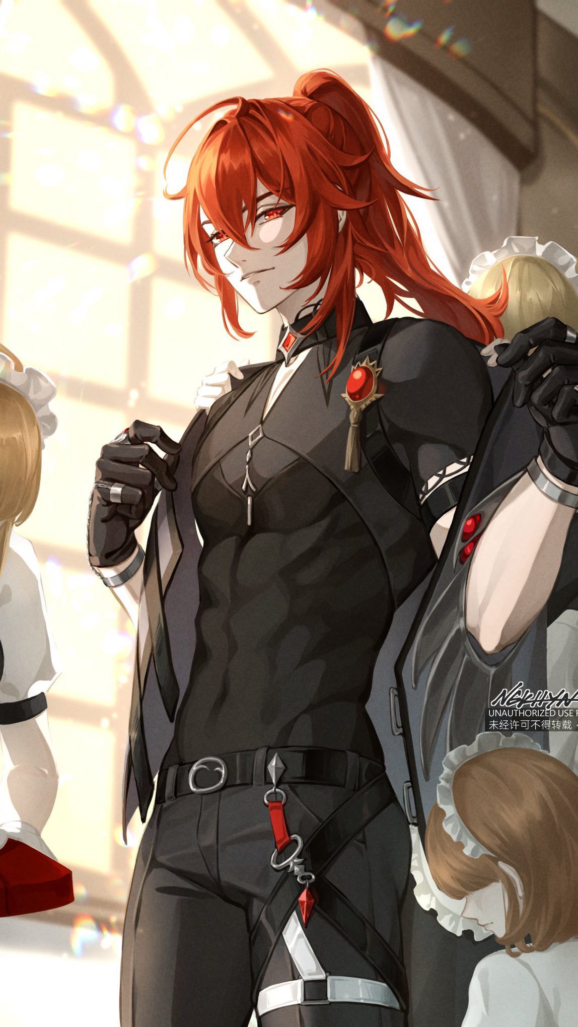 the image is a digital fan art illustration featuring a striking male anime character. he has long, vibrant red hair styled in a high ponytail, and is dressed in a sophisticated black outfit that includes a formfitting top, stylish trousers, and a long, dark coat. the coat is partially open, revealing a muscular physique.  he wears dark gloves, and has a detailed belt with intriguing accessories including a red gemstone pendant.  his expression is confident and intense. he's surrounded by two maids in white uniforms, suggesting a possibly highstatus or aristocratic setting. the overall style is reminiscent of anime and video game character design, particularly styles seen in games like genshin impact. the background is softly lit and features hints of a sunlit room with sheer curtains. the lighting, colors, and posing all contribute to a dramatic and stylish presentation of the male character.