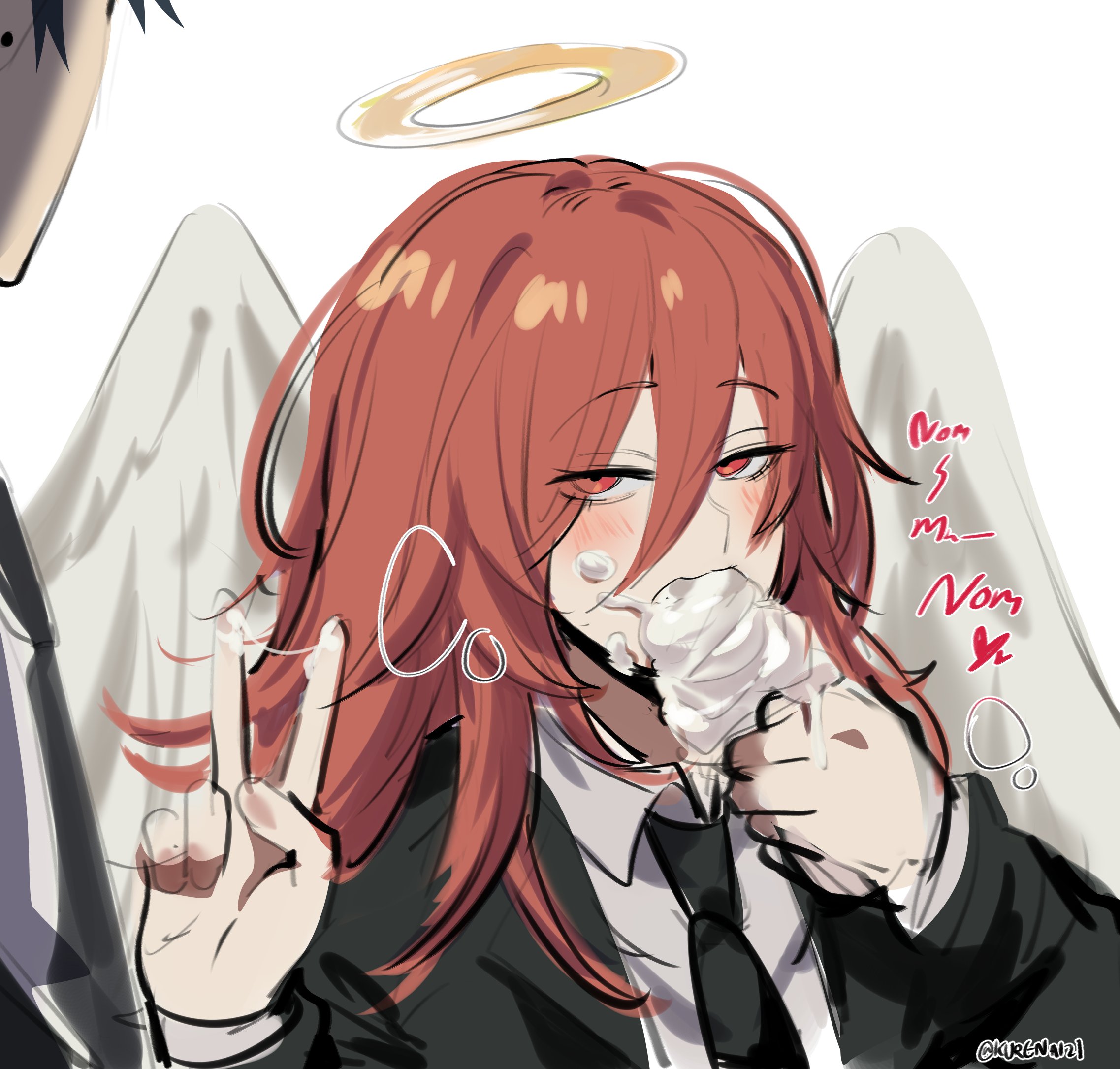 this is a digital illustration of an anime girl with long red hair and angel wings. she is wearing a black suit and tie and is eating an ice cream cone. the girl has a halo above her head, and her face is shown with a cute expression while she enjoys eating the ice cream. the art style is cute and colorful with a lot of details. the background is white and the girl stands out in the artwork with a prominent and detailed appearance. the image captures the happiness of the girl with a simple yet detailed image.