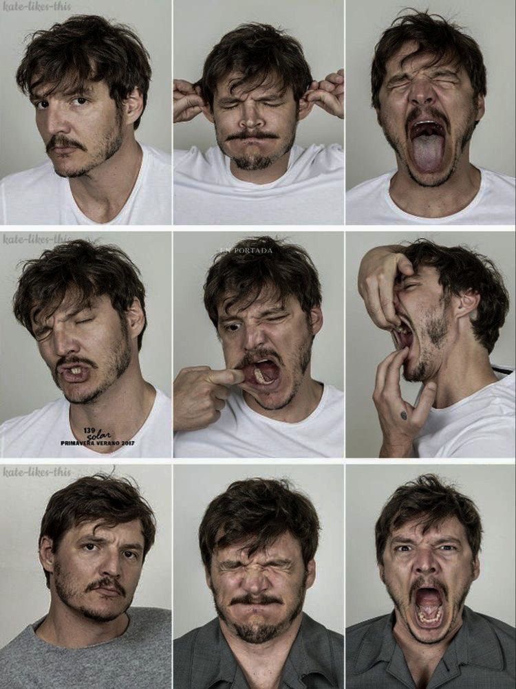 collage of nine closeup portraits of a man making various funny faces.  each photo shows the man with a different expression, ranging from a grimace to an openmouthed yell.  the background is a plain light grey.  the photos seem to be from a professional photoshoot. there are also some watermarks on the image.