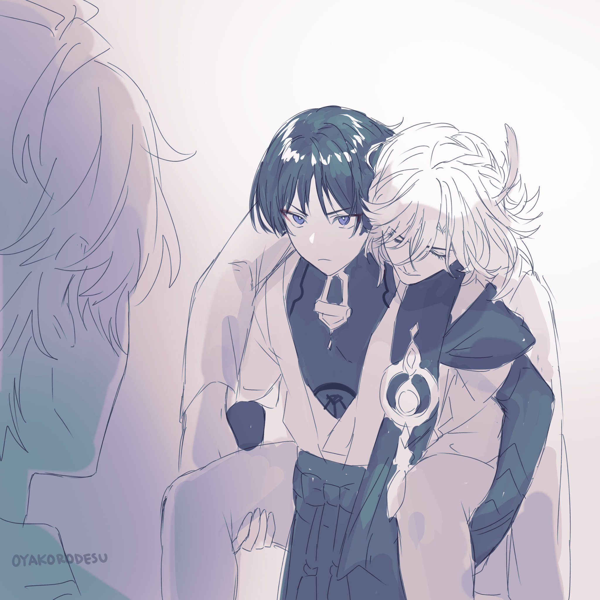 this is an illustration of two anime boys, one in a dark outfit and the other in a white one. the boy in the white is holding the other one in a huglike position. they both seem to be smiling softly.