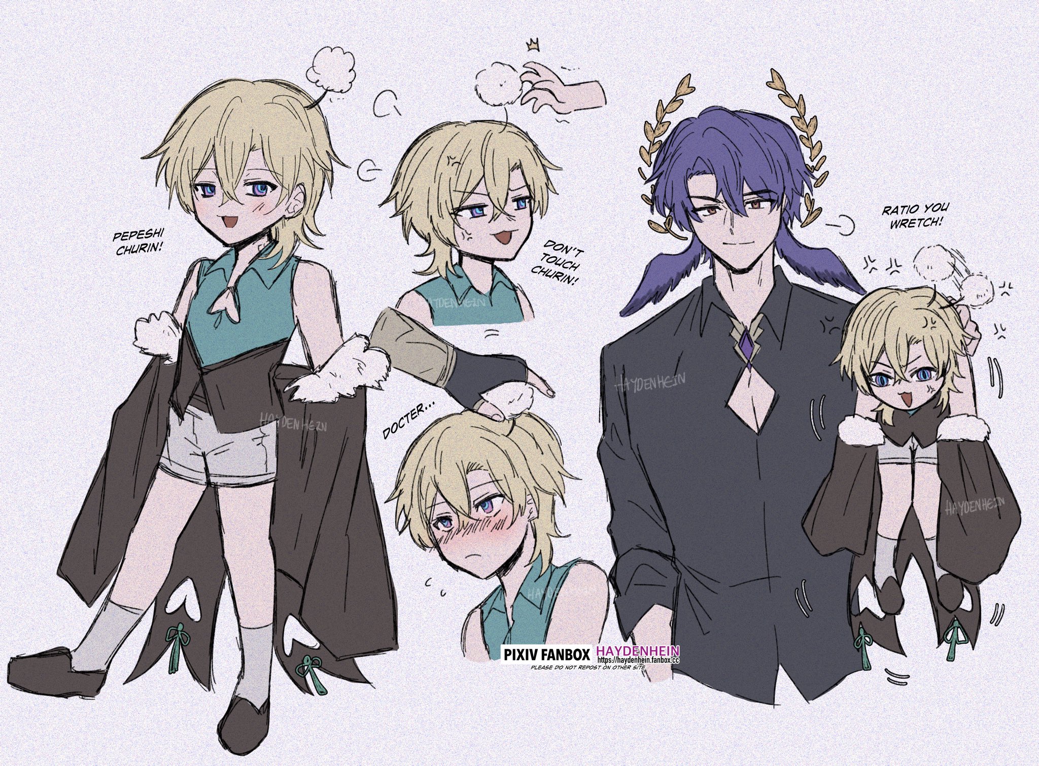this is a digital illustration of 5 anime characters. the main characters are a darkhaired, blackclothed boy with wings and a light blue colored tie. the boy is holding a blondehaired boy in a lightcolored dress with white fur trim. the boy being held is yelling "ratio you wretch!" while the other characters are laughing and making comments.  this illustration is likely a fan art of an anime show or game.