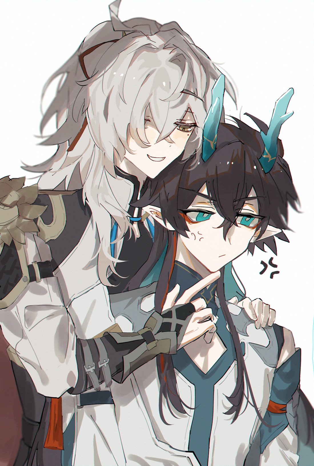 this is a digital illustration of two anime boys. the boy on the left is holding the boy on the right. the boy on the left has long white hair and is wearing a white and brown outfit. he has a smile on his face and his hand is on the boy's right shoulder. the boy on the right has long black hair and is wearing a white and blue outfit. he has a serious expression on his face and his right hand is resting on his chin. the background is a simple white.