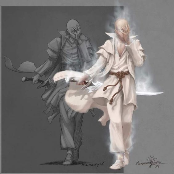 the image showcases a digital drawing of a male character, seemingly a warrior monk, transitioning between two states. on the left, a grayscale figure stands with his face covered by one hand, while the other rests on the hilt of a sword sheathed across his back. this figure is drawn in a more dynamic pose, with a billowing cloak and tattered clothing. on the right, a nearly identical figure emerges, but rendered in full color with a glowing effect. he mirrors the pose of his grayscale counterpart, face hidden by his hand, but his attire is pristine and white, his expression seemingly serene. the swords on both figures are intricately designed, further emphasizing their warrior status. the background is a simple gradient of gray, focusing attention on the dynamic transformation taking place.