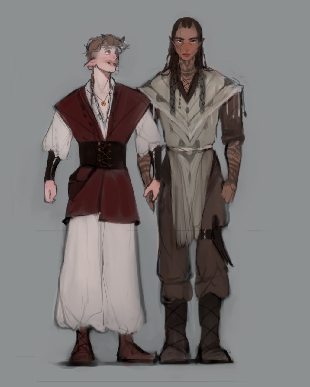a digital illustration of two men holding hands and smiling at each other. the man on the left is shorter and has pale skin, short blond hair, horns, and is wearing a red and white robe with a brown belt. the man on the right is taller with dark brown skin, long black braids, and is wearing a tan and brown tunic. the background is solid gray.
